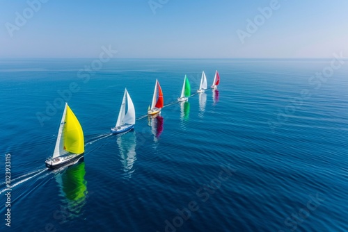A race of colorful sailboats on the open sea, with one boat leading and others in line behind it