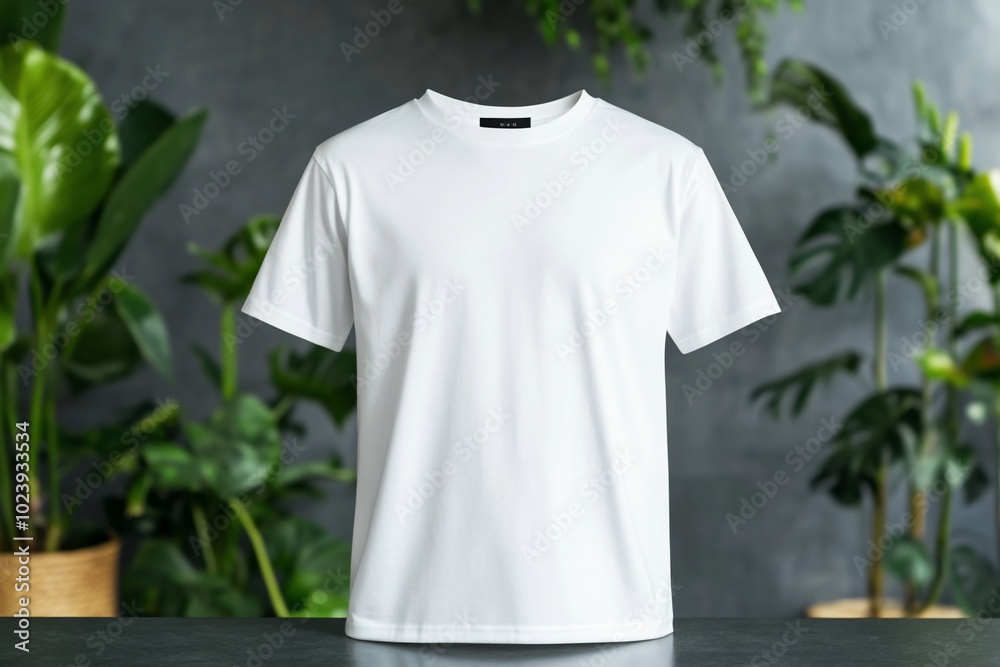 A plain white t-shirt displayed against a green plant backdrop. A plain white t-shirt displayed against a green plant backdrop.