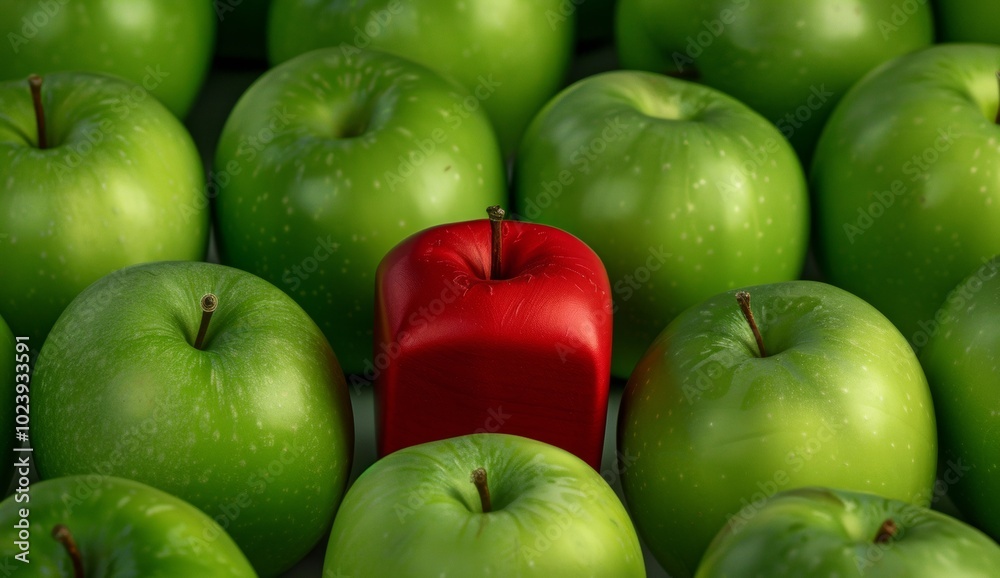 A red cube apple out in the middle of green apples, symbolizing creativity and ideas in business or personal life A red cube apple out in the middle of green apples, symbolizing creativity and ideas in business or personal life
