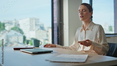 Elegant lady opening laptop sit down desk with coffee cup in hand closeup. 