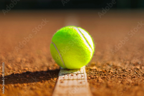 Yellow tennis ball on white strip marked court outdoor summer ground closeup