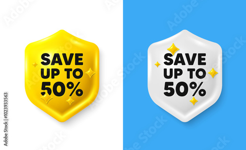 Save up to 50 percent tag. Shield 3d icon banner with text box. Discount Sale offer price sign. Special offer symbol. Discount chat protect message. Shield speech bubble banner. Vector