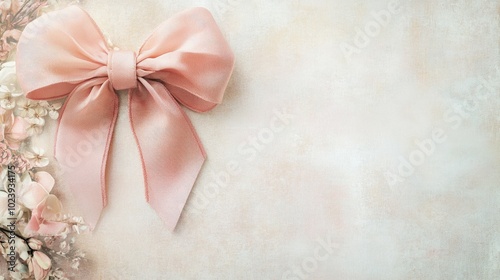 Elegant pink bow lying on textured background