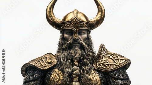 Heimdall the guardian of the Bifrost appears in detailed armor and striking horns embodying the strength of Scandinavian mythology on a clean white backdrop. photo