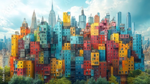 A cityscape composed of interlocking puzzle pieces, each building formed by a different colored piece