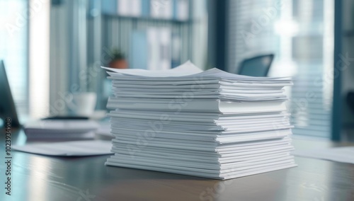 A stack of papers on an office desk, representing the heavy effort and rigor to create medical marketing materials