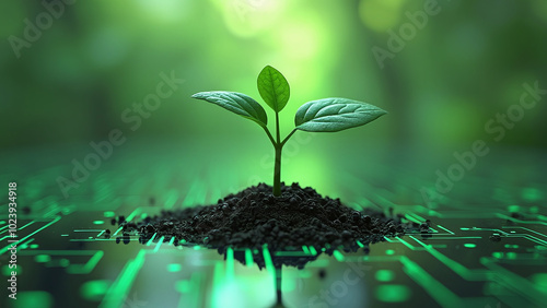Plant Growing on Circuit Board Representing Green Technology