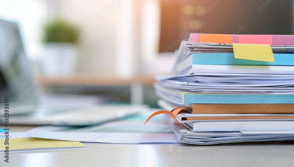 A stack of papers on an office desk, representing the heavy effort and rigor to create medical marketing materials A stack of papers on an office desk, representing the heavy effort and rigor to create medical marketing materials