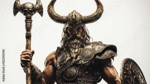 Heimdall known for his keen senses and watchfulness showcases his powerful physique and ornate armor holding his staff confidently against a stark white backdrop. photo