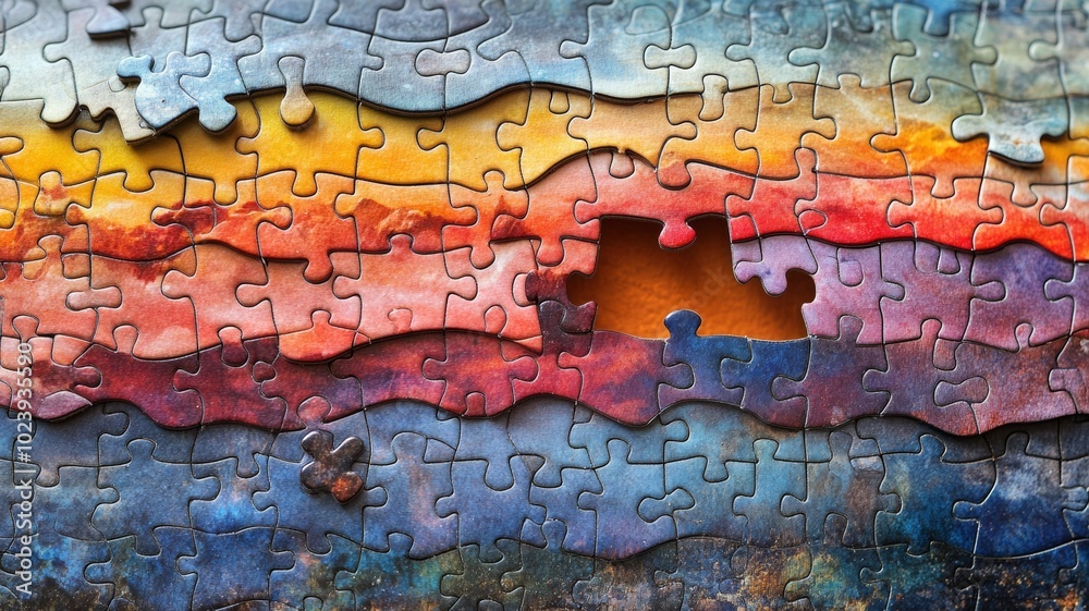An almost-complete puzzle with one piece missing, with the gap clearly visible An almost-complete puzzle with one piece missing, with the gap clearly visible