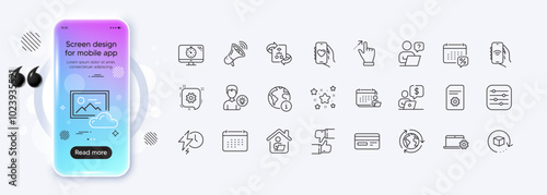 Photo cloud, Calendar tax and Credit card line icons for web app. Phone mockup gradient screen. Pack of Person idea, Accounting, Dating app pictogram icons. Vector