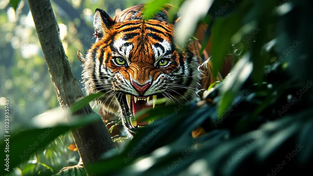 A fierce tiger snarls in a lush jungle, showcasing its power and beauty.