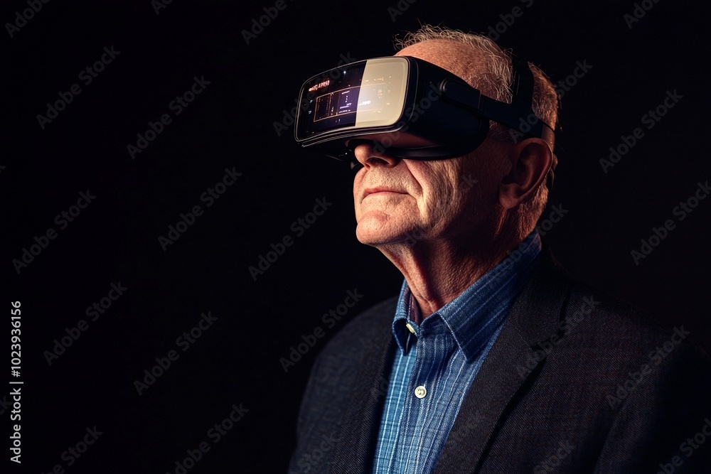 VR business manager, senior professional wearing virtual reality goggles, immersive AIgenerated business setting