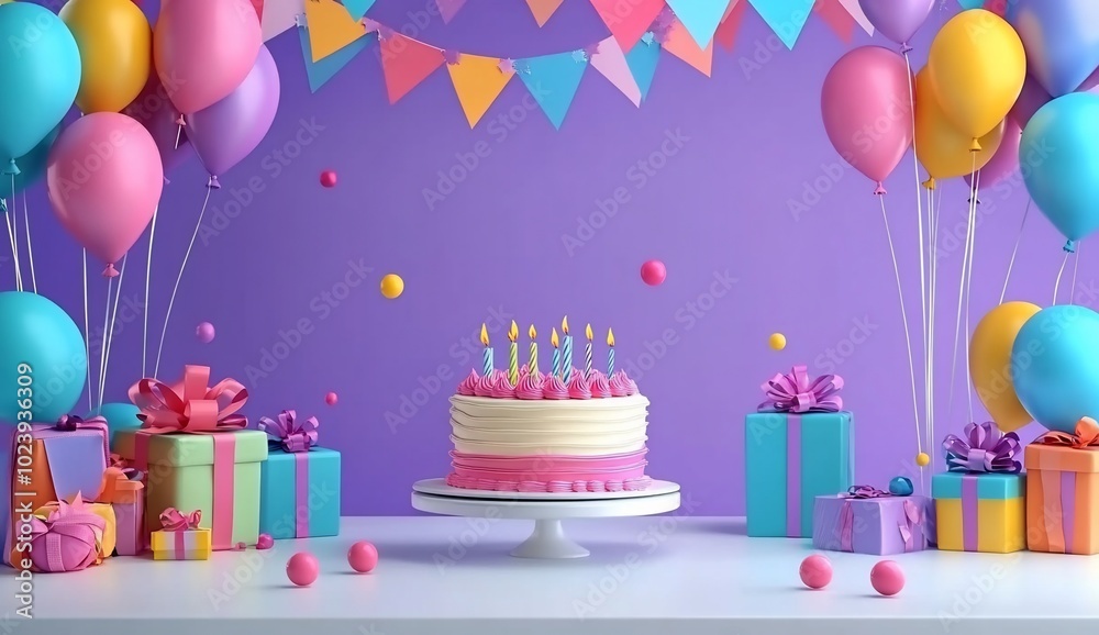 A festive birthday scene with cake, balloons, and wrapped gifts. A festive birthday scene with cake, balloons, and wrapped gifts.