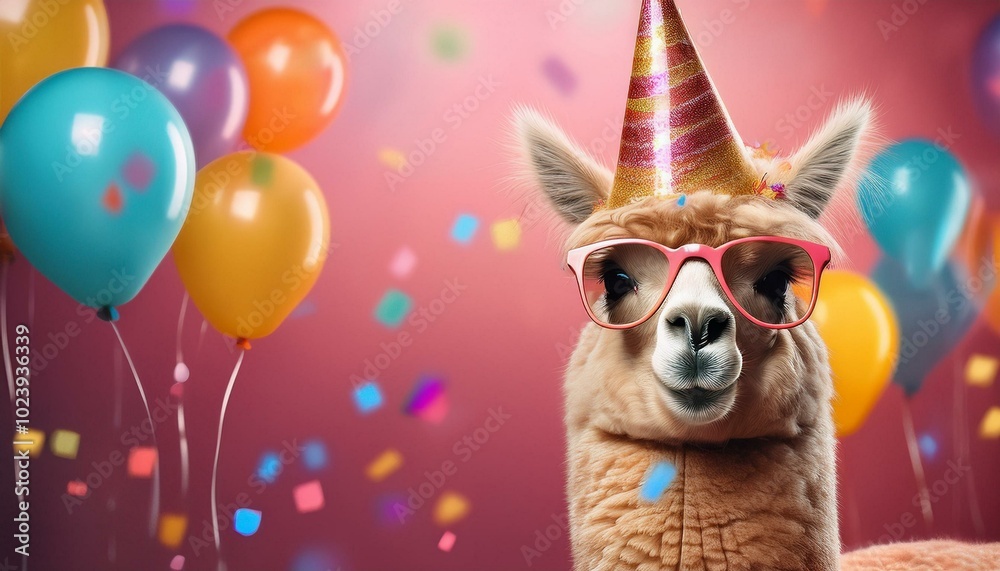 Fototapeta premium Happy Birthday, carnival, New Year's eve, sylvester or other festive celebration, funny animals card banner - Alpaca with party hat and sunglasses on pink background with confetti. 