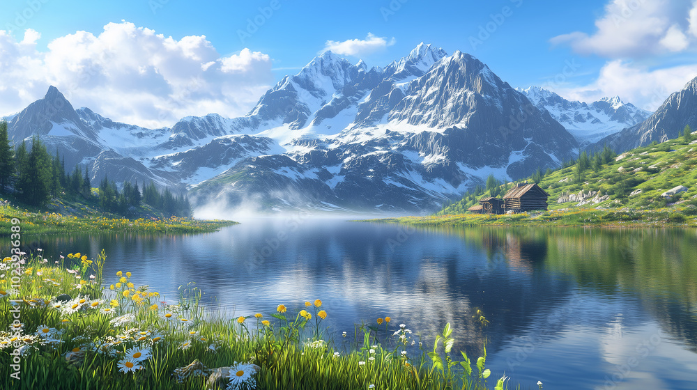 Snow-Capped Mountains and Meadows by the Lake Snow-Capped Mountains and Meadows by the Lake