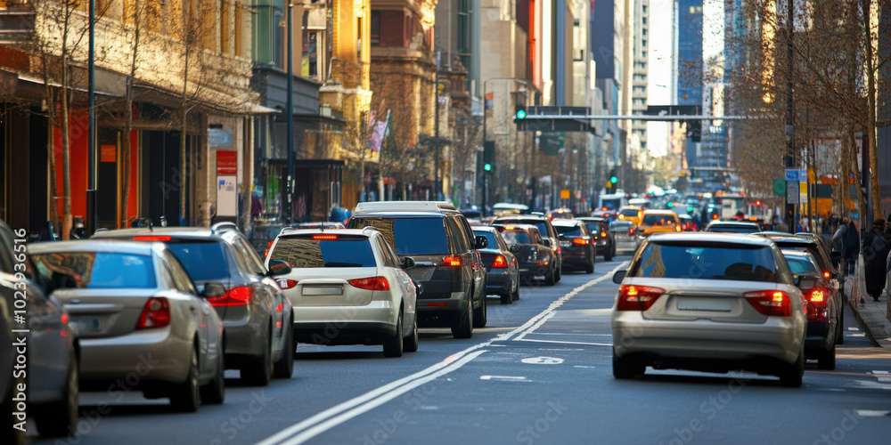 Obraz premium Cars double-parked on a busy city street, causing traffic congestion