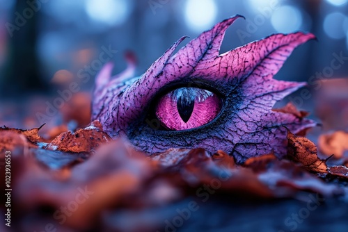 A vibrant pink dragon eye peers through autumn leaves, encapsulating mystery and fantasy in a forest setting, blending vividly colored surrealism with nature's decay. photo