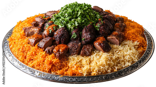 A large platter of Middle Eastern food, featuring grilled meats, rice, and herbs. Nasi mandi is a traditional dish originating from the south of the Arabian Peninsula isolated on white background. 