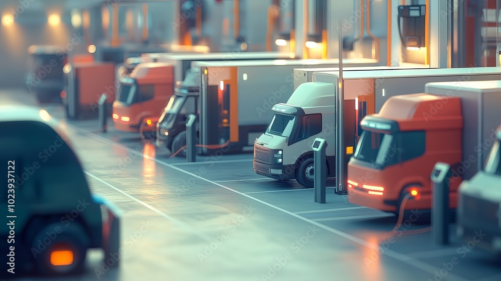 Fototapeta premium A fleet of business electric vehicles, including cargo transport and delivery, semi-trucks and vans powered by sustainable solar and wind electricity, are charging at a rapid charger station situated 