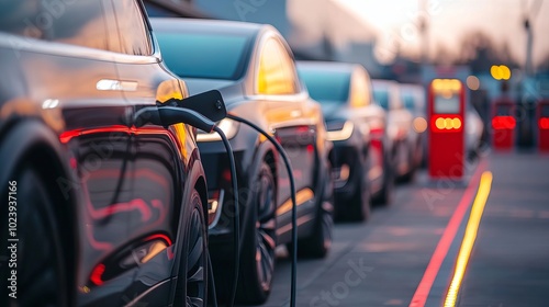 A fleet of business electric vehicles, including cargo transport and delivery, semi-trucks and vans powered by sustainable solar and wind electricity, are charging at a rapid charger station situated 