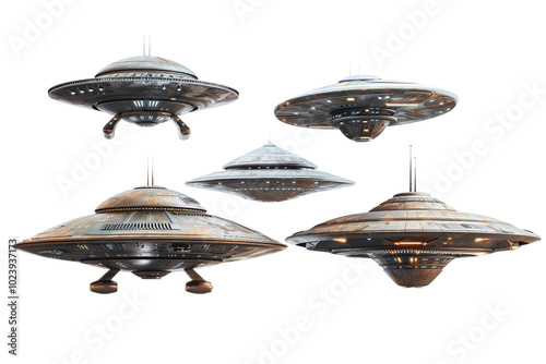 Five flying saucer style UFOs of various sizes, rendered in a 3D style isolated on white background. Generative ai