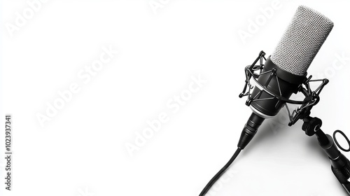 Microphone with a white backdrop. With copy space, the composition is horizontal. There is a clipping route available. 