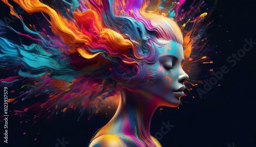 Colorful painted explosion in head. Concept of creative mind and imagination. Silhouette of human hand with colored fragment 