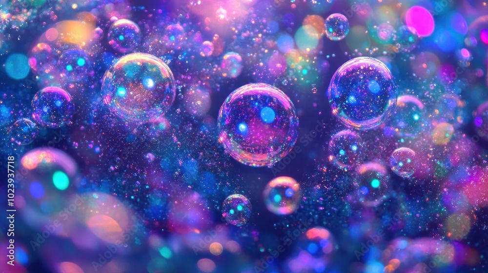 Abstract background with iridescent bubbles and bokeh lights.