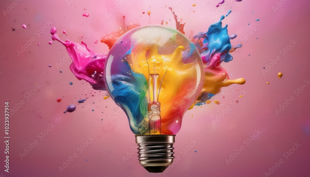 Creative concept light bulb explodes with colorful water colors on a pink background. Think different, creative idea. Creative concept light bulb explodes with colorful water colors on a pink background. Think different, creative idea.
