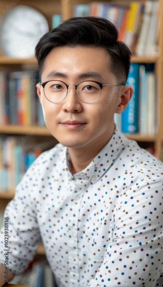 Young Asian man in a polka-dot shirt and glasses looking thoughtfully at the camera.