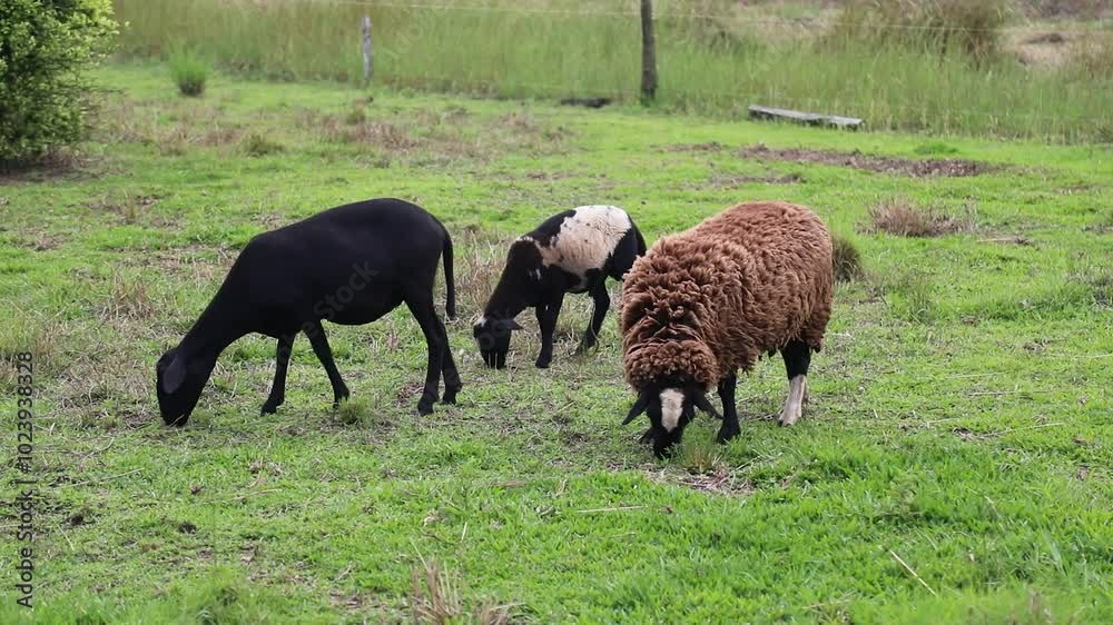 Sheep grazing in the farm pasture field calmly. Black sheep of the family Sheep grazing in the farm pasture field calmly. Black sheep of the family