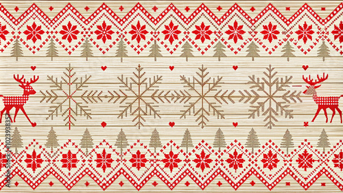 Scandinavian Christmas patterns. Decorative element. Christmas red pattern from traditional details of a fir tree, deer and snowflakes close-up. Holiday gift. background