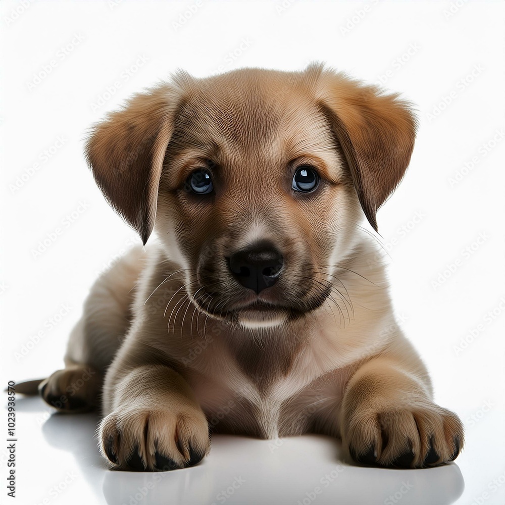 Puppy lying and looking at camera on white background Puppy lying and looking at camera on white background