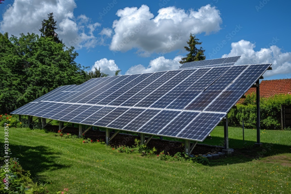 A row of solar panels capture the sun's energy on a bright day, a sign of green living. A row of solar panels capture the sun's energy on a bright day, a sign of green living.