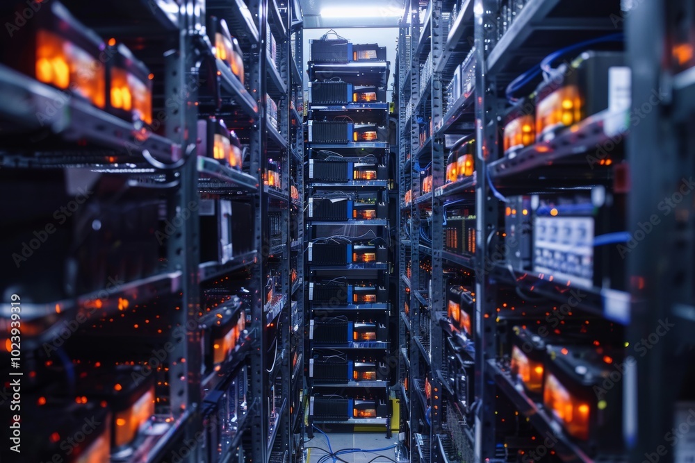 Rows of servers in a data center with glowing orange lights. Rows of servers in a data center with glowing orange lights.
