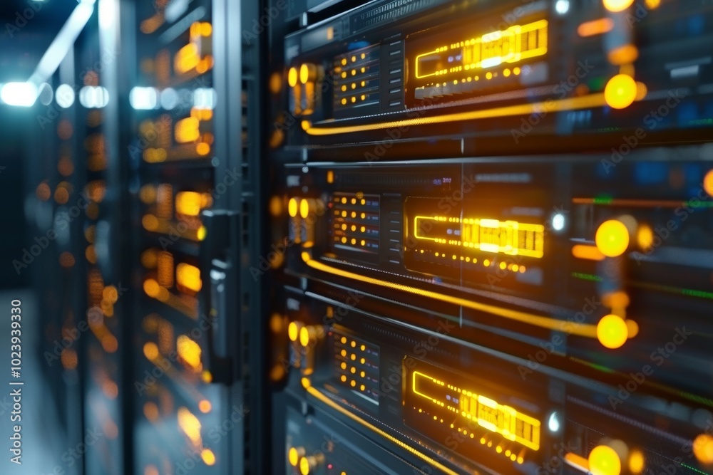 Close-up of a server rack with glowing lights, showcasing the intricate technology behind data storage and processing. Close-up of a server rack with glowing lights, showcasing the intricate technology behind data storage and processing.