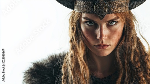 Idunn Scandinavian goddess known for her beauty and vitality stands prominently with fierce expression adorned in horned crown and traditional attire emphasizing her divine heritage. photo