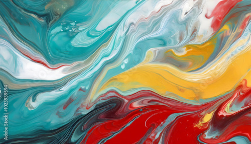 A textured pattern of an abstract painting with wavy, merging structures in turquoise, yellow, white, red, and grey.