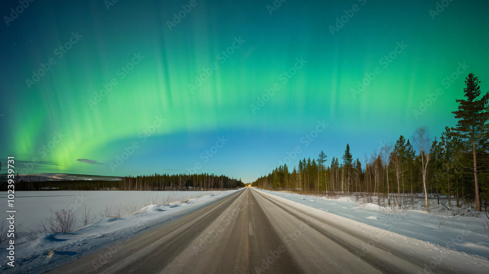 Aurora borealis, northern lights over road in winter. Aurora borealis, northern lights over road in winter.