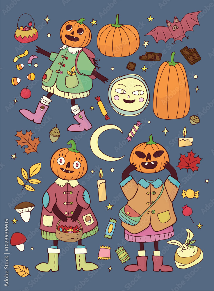 Fototapeta premium colorful vector set of hand drawn pumpkin head characters with added autumn things and sweets on the background