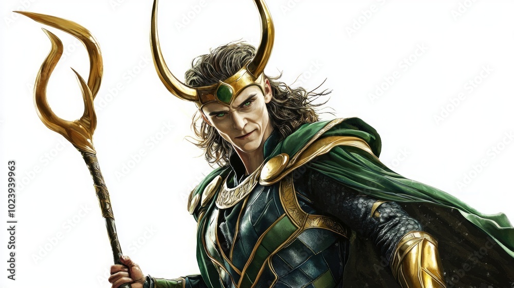 Fototapeta premium artwork features Loki the Scandinavian god of mischief showcasing his distinctive horns and intricate armor while holding a scepter emphasizing his mythical essence.