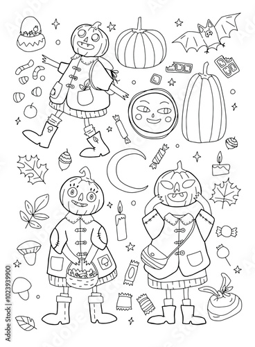 contour vector set of hand drawn pumpkin head characters with added autumn things and sweets on the background