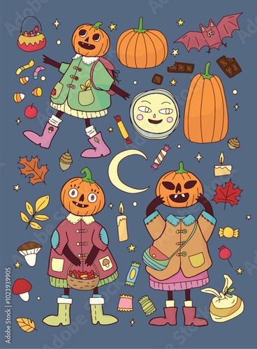 colorful vector set of hand drawn pumpkin head characters with added autumn things and sweets on the background