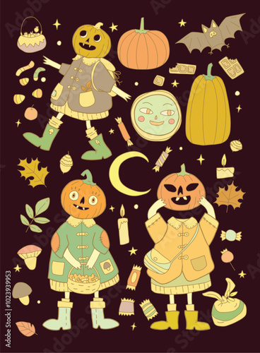 vintage vector set of hand drawn pumpkin head characters with added autumn things and sweets on background