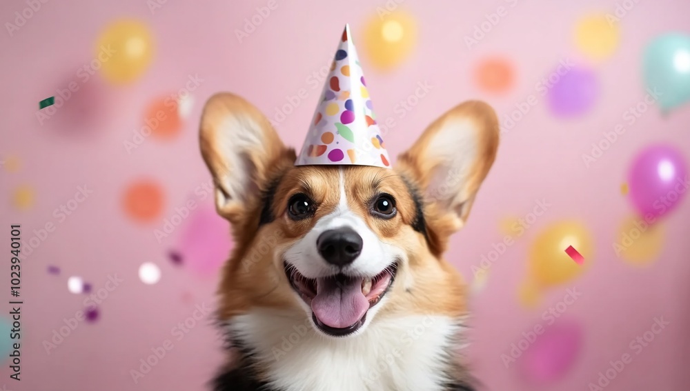 A cheerful dog wearing a party hat amidst colorful decorations. A cheerful dog wearing a party hat amidst colorful decorations.