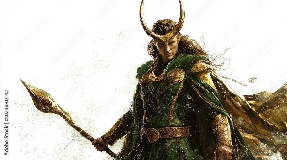 Fototapeta premium striking portrayal of Loki the Scandinavian god showcasing his fierce demeanor and intricate attire. He stands confidently with a spear embodying his legendary trickster persona.