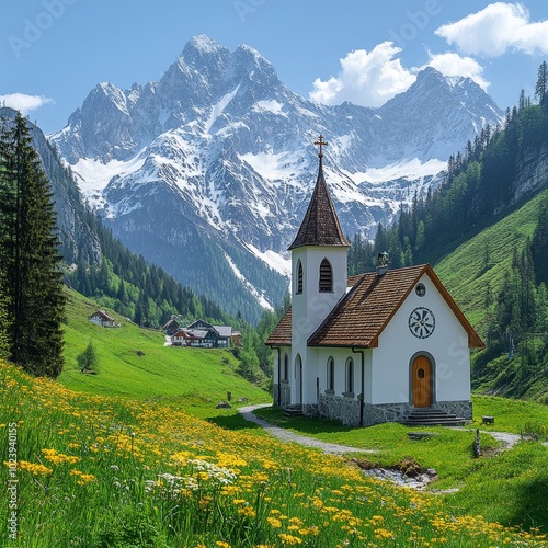 Charming stone chapel in alpine mountain landscape 