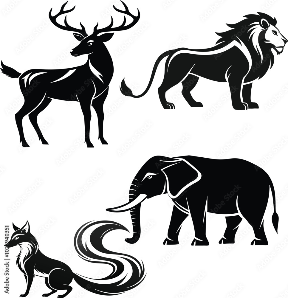 Fototapeta premium High-Quality Black and White Animal Silhouettes and Steampunk Mechanical Creatures Vector Collection
