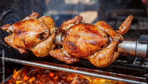 Grilling whole chickens in rotisserie machine, closeup